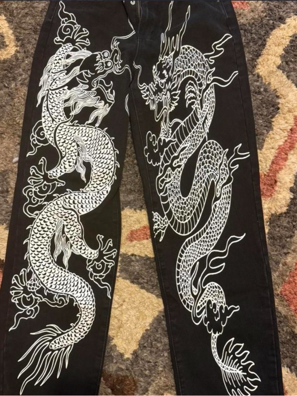 SHEIN Black Straight Leg Pants with White Dragon Print